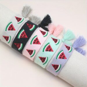 Embroidered Watermelon Bracelet – Adjustable, Summer Colors, with Tassels