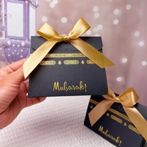10pcs Islamic Gift Boxes – "Mubarak!" with Gold or Black Ribbon