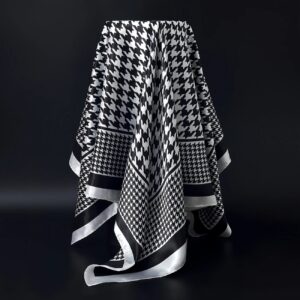 Black & White Satin Square Scarf – 90cm, Houndstooth Print, Lightweight & Elegant